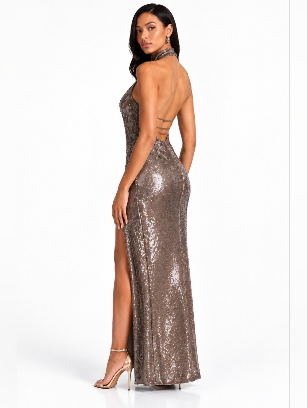 Fashion Nova Isla Paillette Sequin Halter Evening Dress NWT XL Taupe Open Back - Picture 2 of 8